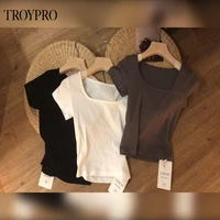 troypro 2022 new bottoming shirt collarbone round neck short sleeved slim womens t shirt solid color all match short sexy top