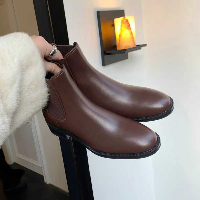 2023 Autumn and Winter New Plush Round Toe Thick Heel Shoes Leather Elastic Boots Chimney Chelsea Short Boots Women's Shoes