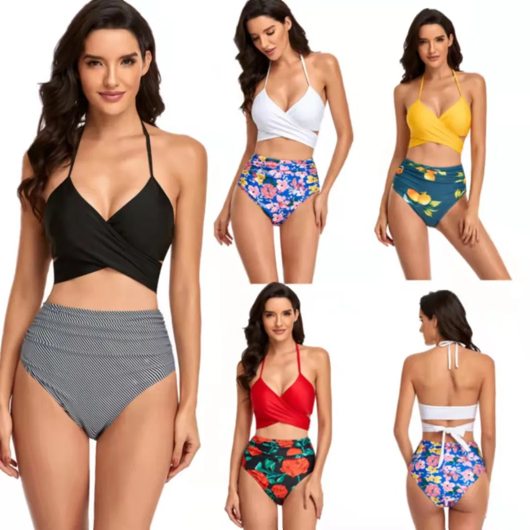 

New Bikini Split Swimsuit Women's V-Neck Sexy Backless Strap High Waist Multicolor Printed Swimsuit 2022 SEQ8806