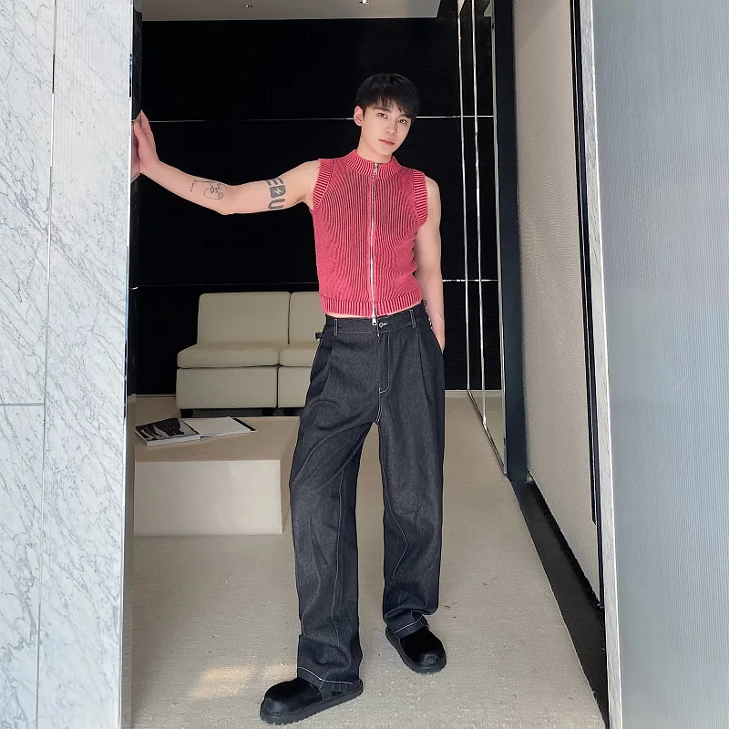 Трикотажный мужской жилет с воротником-стойкой красивый свитер Корейская