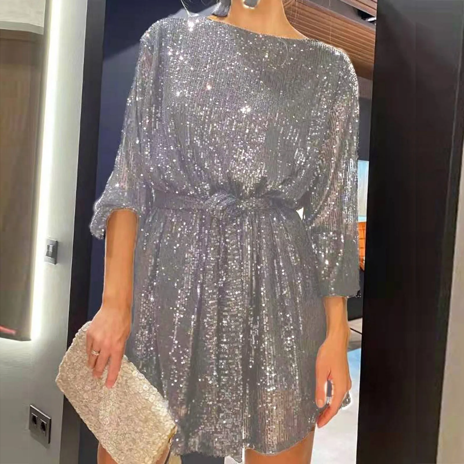 

Sequin Dress Women Holiday Party Beaded O Neck Long Sleeve Lace Up Wrap Dresses With Belt Ruched Sexy Clubwear Gitter Vestidos