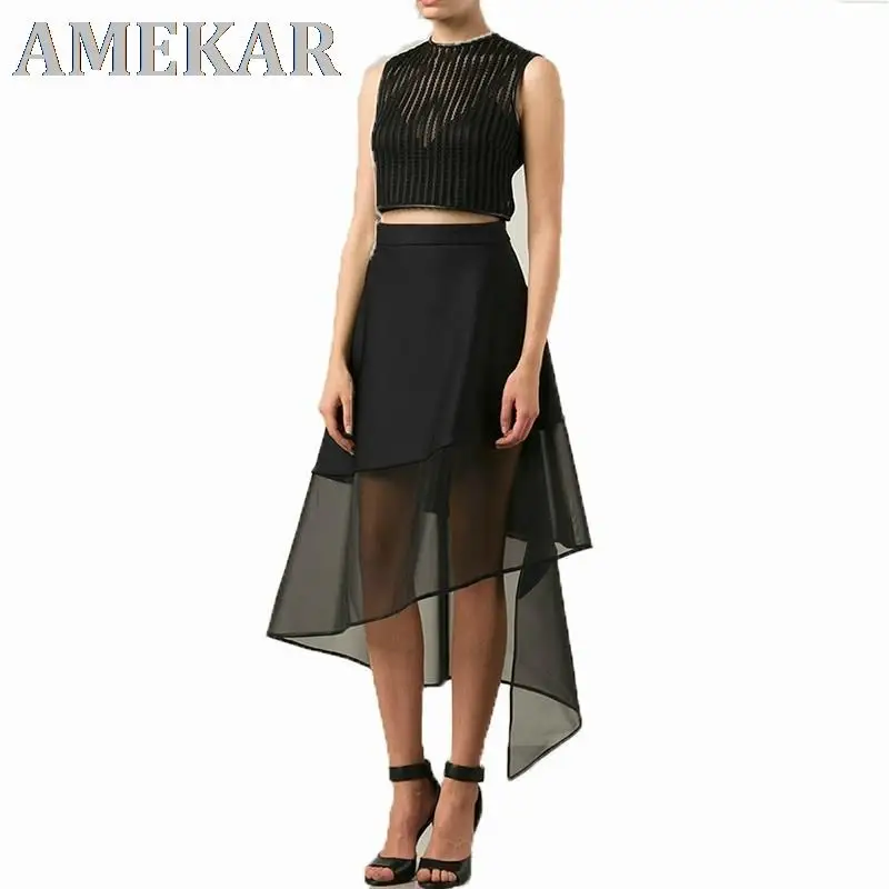 

Summer High Waist Asymmetrical Mesh Patchwork Dress Black Run Way Styles Halfbody Skirt Female Fashion Solid Sexy Party Skirts