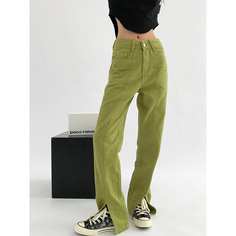 Green Woman Jeans High Waist Denim Trouser Baggy Streetwear Design Ladies Vintage Wide Leg Straight Summer Loose Slit Jean Pants
