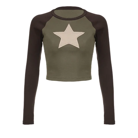 Женская футболка со звездами и графическим принтом Y2k, короткий топ с круглым вырезом и длинным рукавом, волшебные гранж-футболки, весенние и осенние облегающие топы, уличная одежда