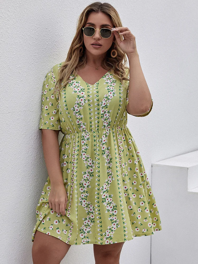 

Plus Size 4XL for Women Dress Sweet Short sleeve V-neck polyester fiber Clothing 2023 Mini A-line Cocktail Evening Party Dresses