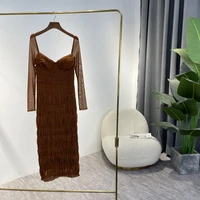 unique designer 2022 new summer women vintage high quality solid brown long sleeve slim pleated midi dress