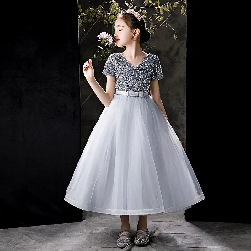 

Бальное платье с блестками и V-образным вырезом, простые элегантные Детские платья до щиколотки с коротким рукавом для причастия, свадебные платья для девочек, A2317