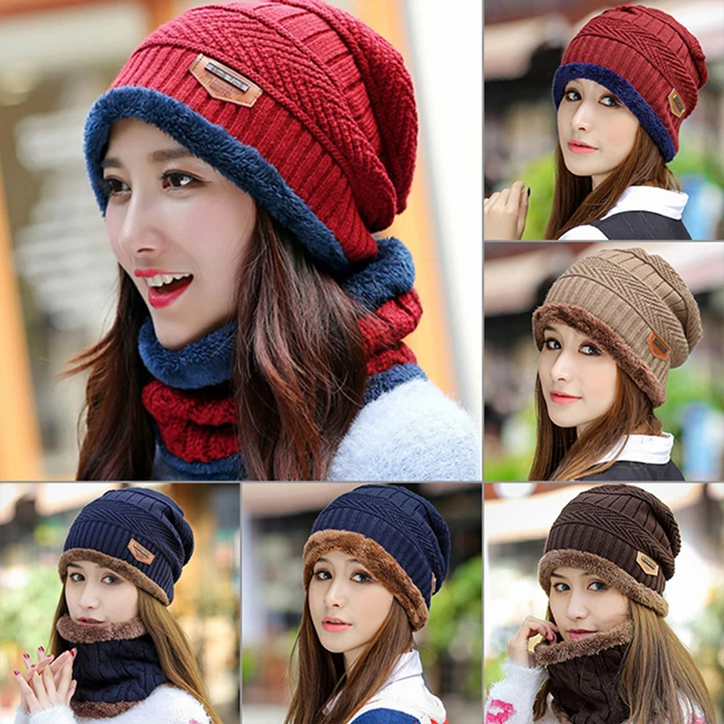 

Winter Knitted Scarf Hat Thick Warm Skullies Beanies Hats for Women Solid Outdoor Snow Riding Ski Bonnet Caps Girl Gifts
