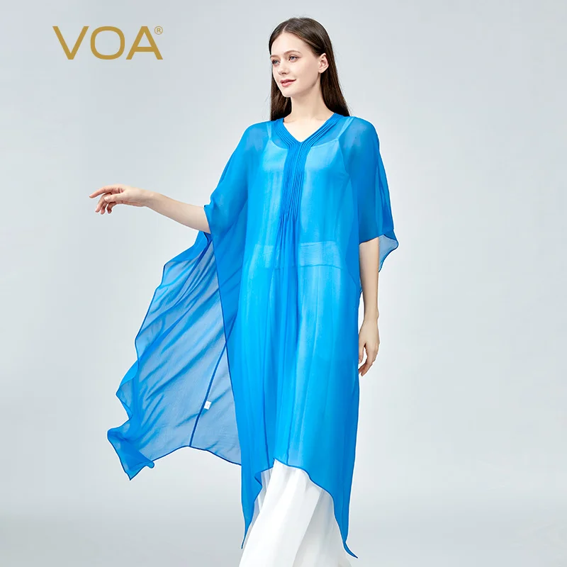

VOA100% Silk Georgette V-Neck Lace-up Bat-sleeve Tucker Pleated Cloak-style Sharp-angle Pendulum Sun Protection Jacket WE158