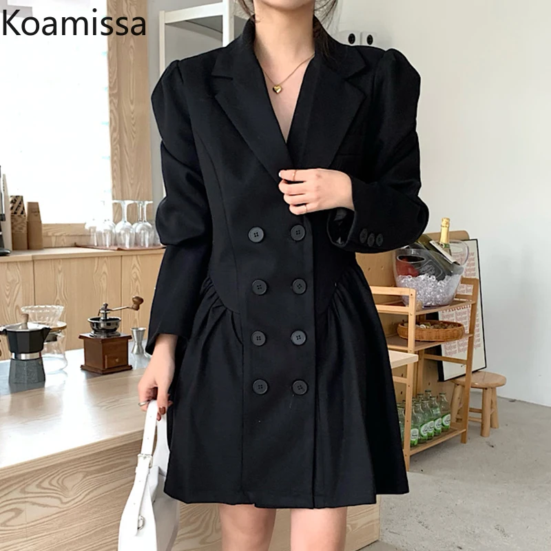 Koamissa Korean Elegant Ladies Notched Blazer Dress Spring New Women Black Long Sleeve Mini Dresses Double-breasted OL Workwear