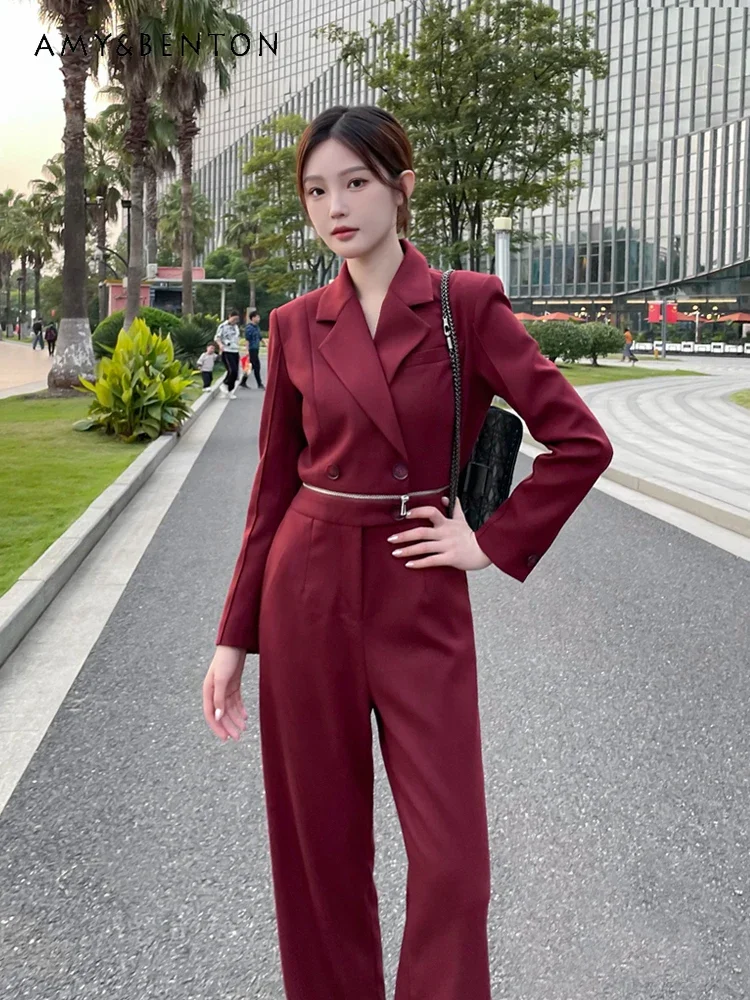 Офисный женский красный костюм с высокой талией осенне-зимний новый пригородный