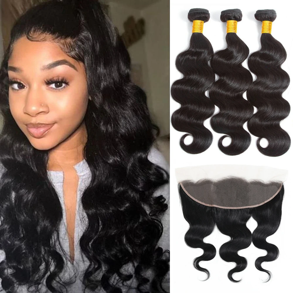 3 Bundles Human Hair With 13x4 Lace Frontal Body Wave For Women 8-28 Inch Human Hair Weave Extension With HD Lace Frontal