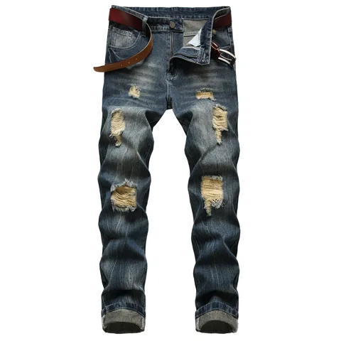 Повседневные мужские джинсы, модные рваные джинсы, потертые полной длины со средней талией, темно-синие прямые облегающие джинсы, бриджи