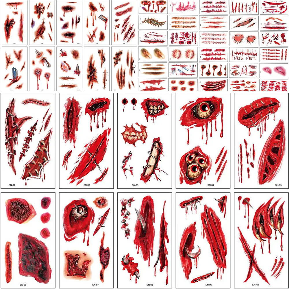 Halloween Scar Tattoo Stickers Horror Realistic Fake Bloody Waterproof Temporary Tattoo Sticker Halloween Prank Makeup Props