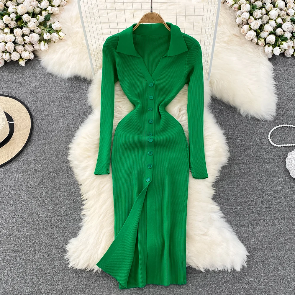 

High Waist Club Solid Sexy Fashion Korean Elegant Long Sleeve Party Women Office Lady Sheath V Neck Vestidos Clothes Midi Dress