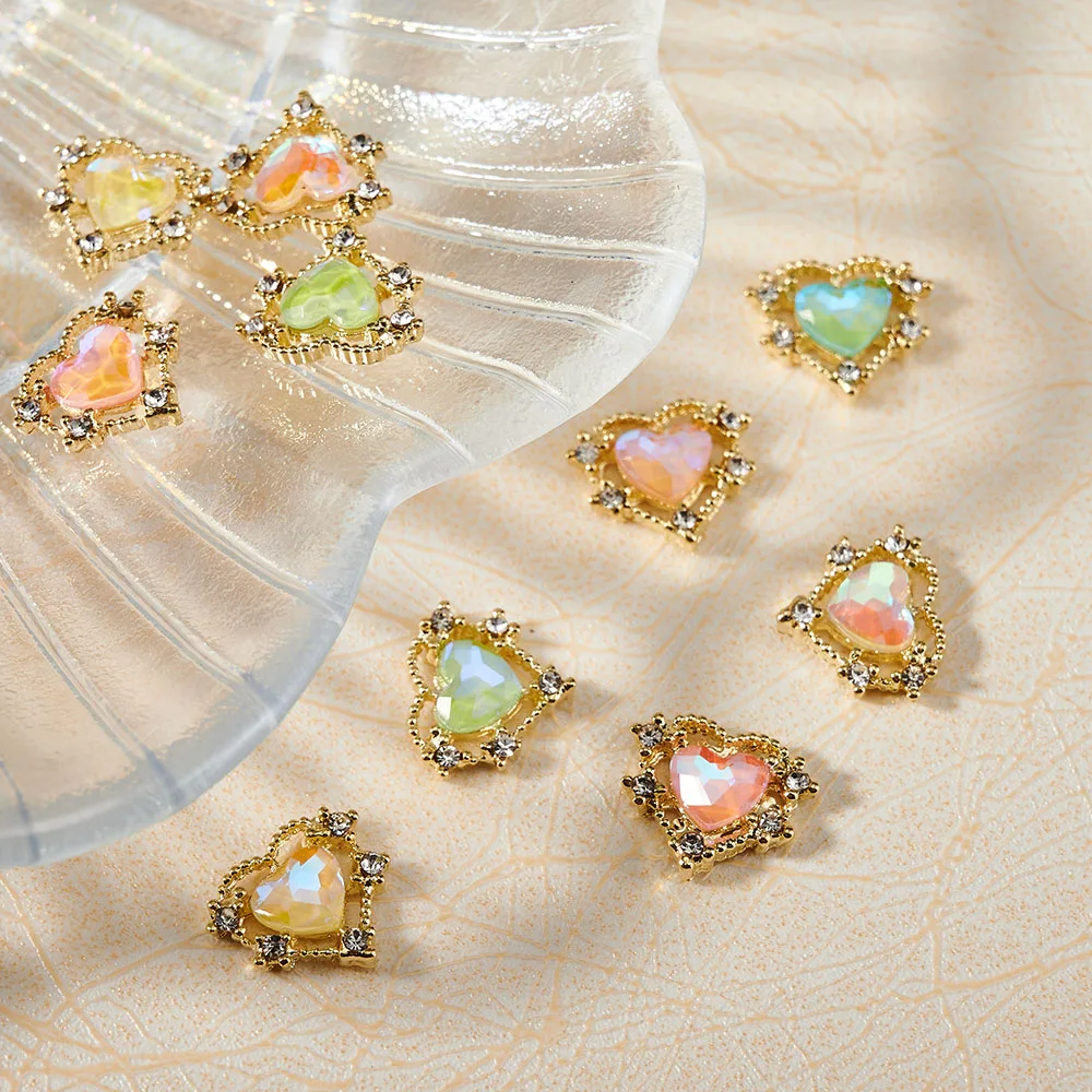 

10Pcs 12x10mm Heart Shaped Designer Charms For Nail Art Alloy Accessories Aurora Gems Jewelry For Multi-Colors Nail Rhinestone