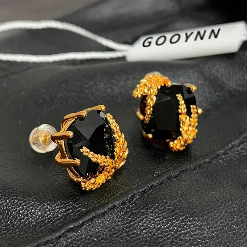

French Black Gemstone Earrings Wheat Vintage Stud Gold Plated Luxury Trend Party Jewelry