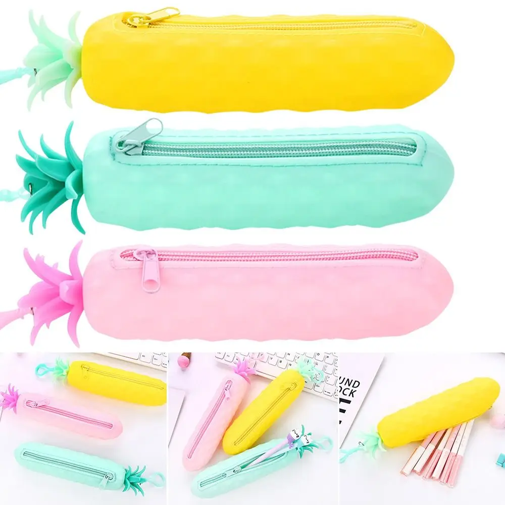 

Pineapple Portable Solid Color Zipper Pen Bag Silicone Pencil Case Stationery Bag Storage Pouch