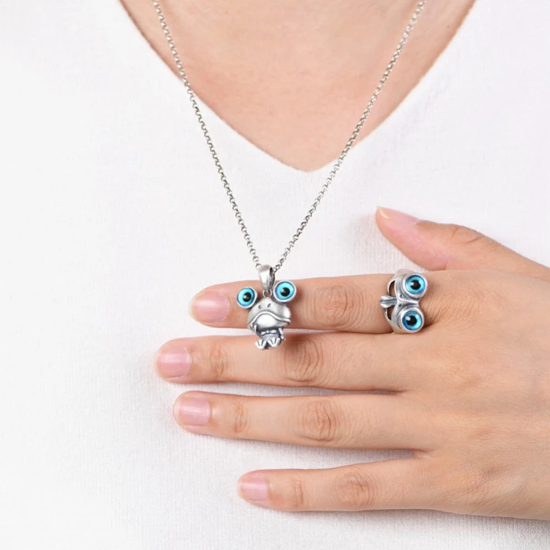 Модные Мультяшные ожерелья с голубыми глазами и лягушкой кольца для женщин