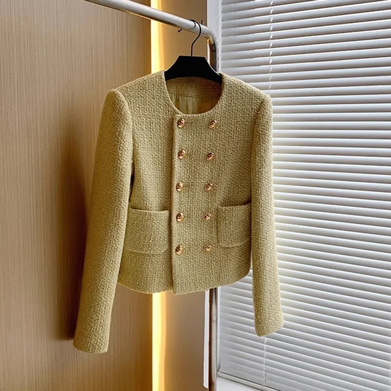 

2023 Autumn Winter Small Fragrance Yellow Tweed Jacket Coat Women Clothing Fashion Double-breasted Pockets Blends Wool Outerwear
