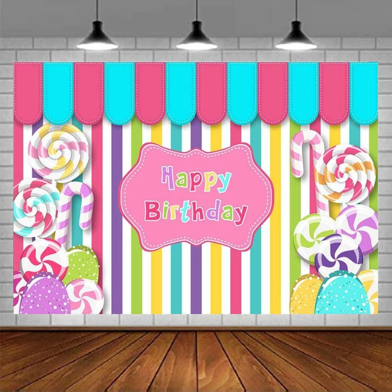 

Photography Backdrop Candy Shop Colorful Stripes Happy Birthday Banner For Girl Sweet Shoppe Dessert Table Patisserie Background