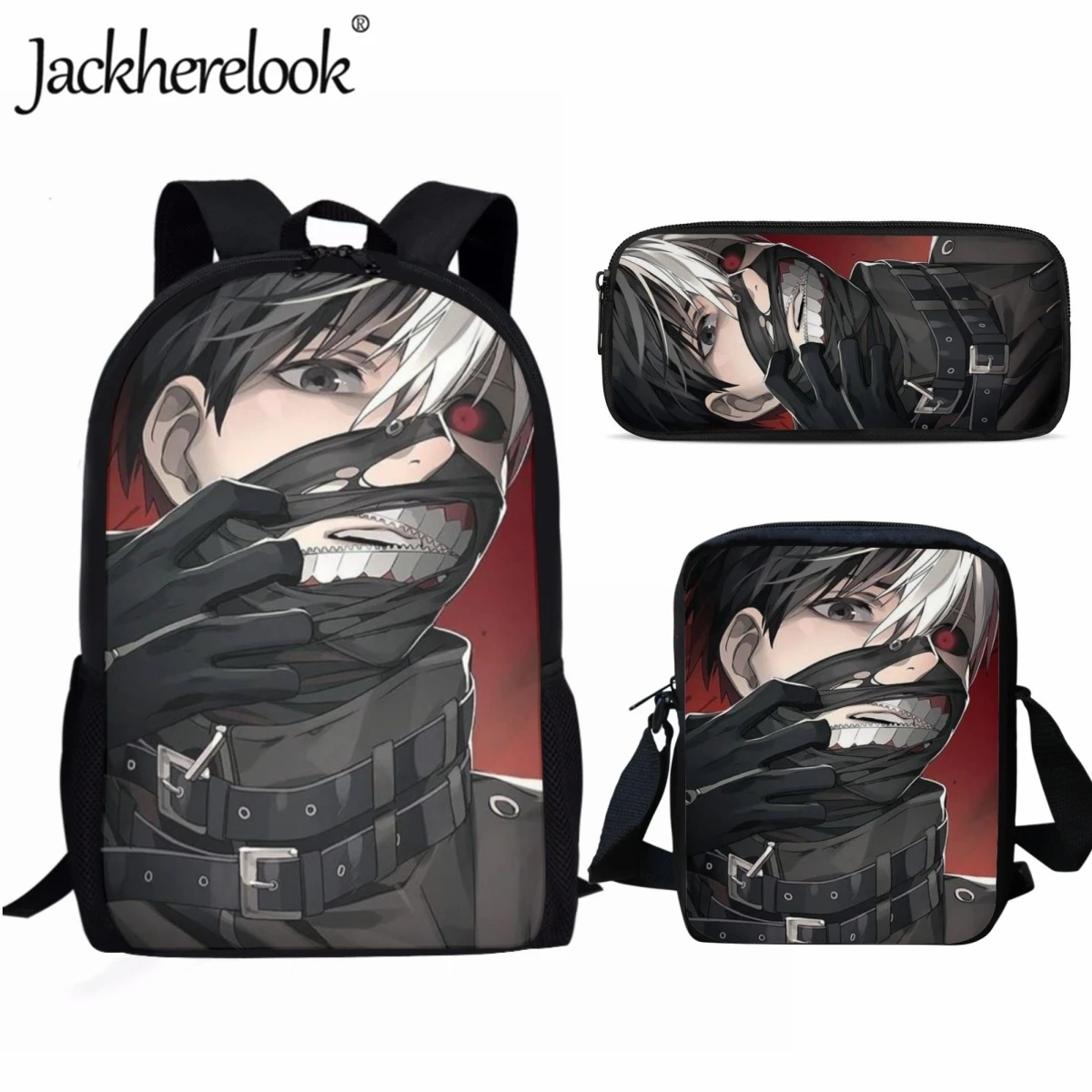 Jackherelook Trendy School Bags 3pcs for Teenagers Tokyo Ghoul Anime Casual Kids School Sports Backpacks Boys Girls Bookbags