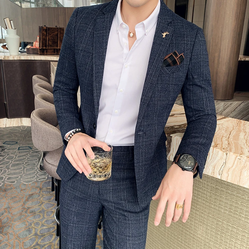 

British Style High-quality Slim Plaid Suit Two-piece Suit (suit+pants) Bridegroom Party Dress Suit High-end Business Suit Suit