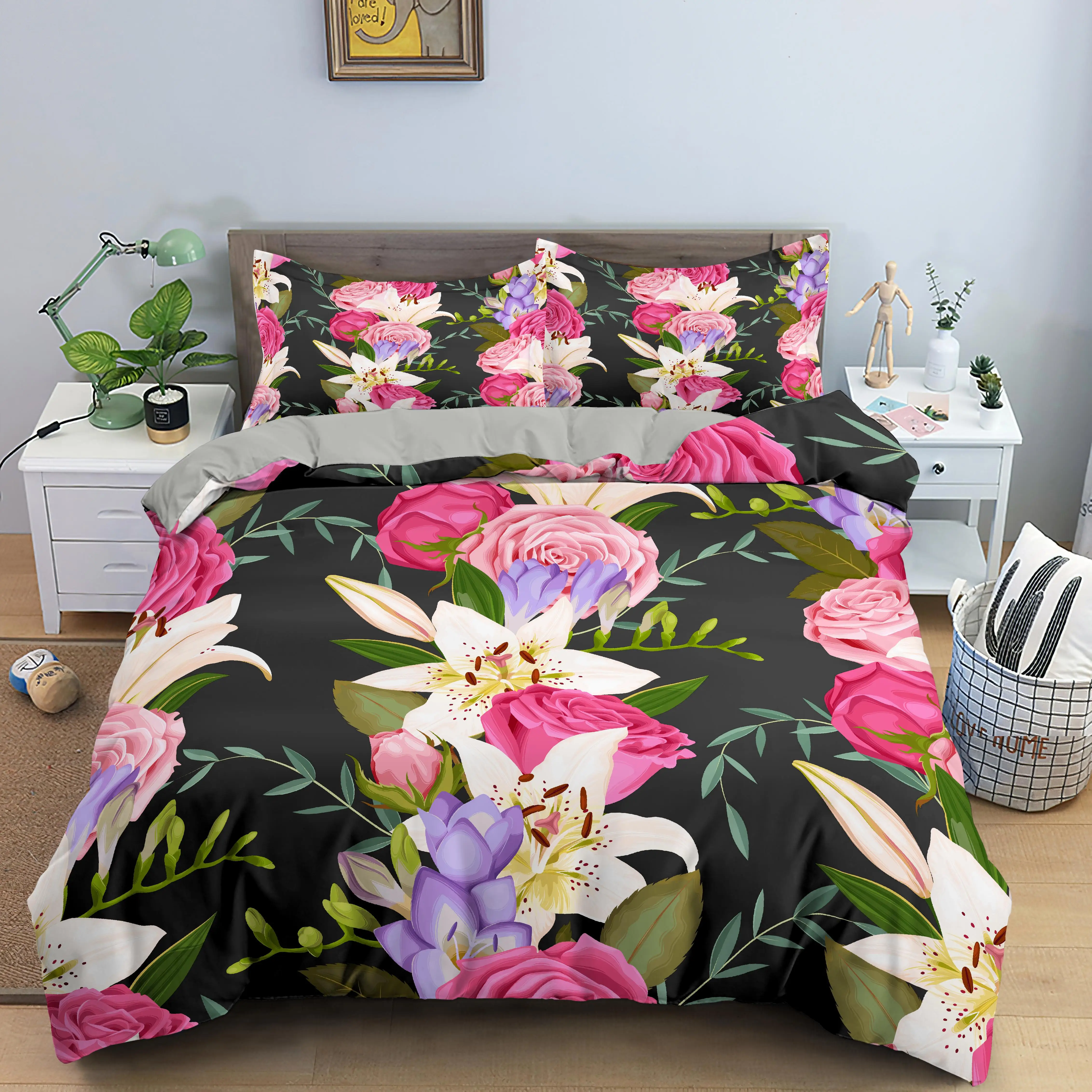 

Set Polyester Fiber Duvet Cover Set Queen/King Size Quilt Cover With Pillowcase Soft Comforter Cover Set Rose Flowers Bedding