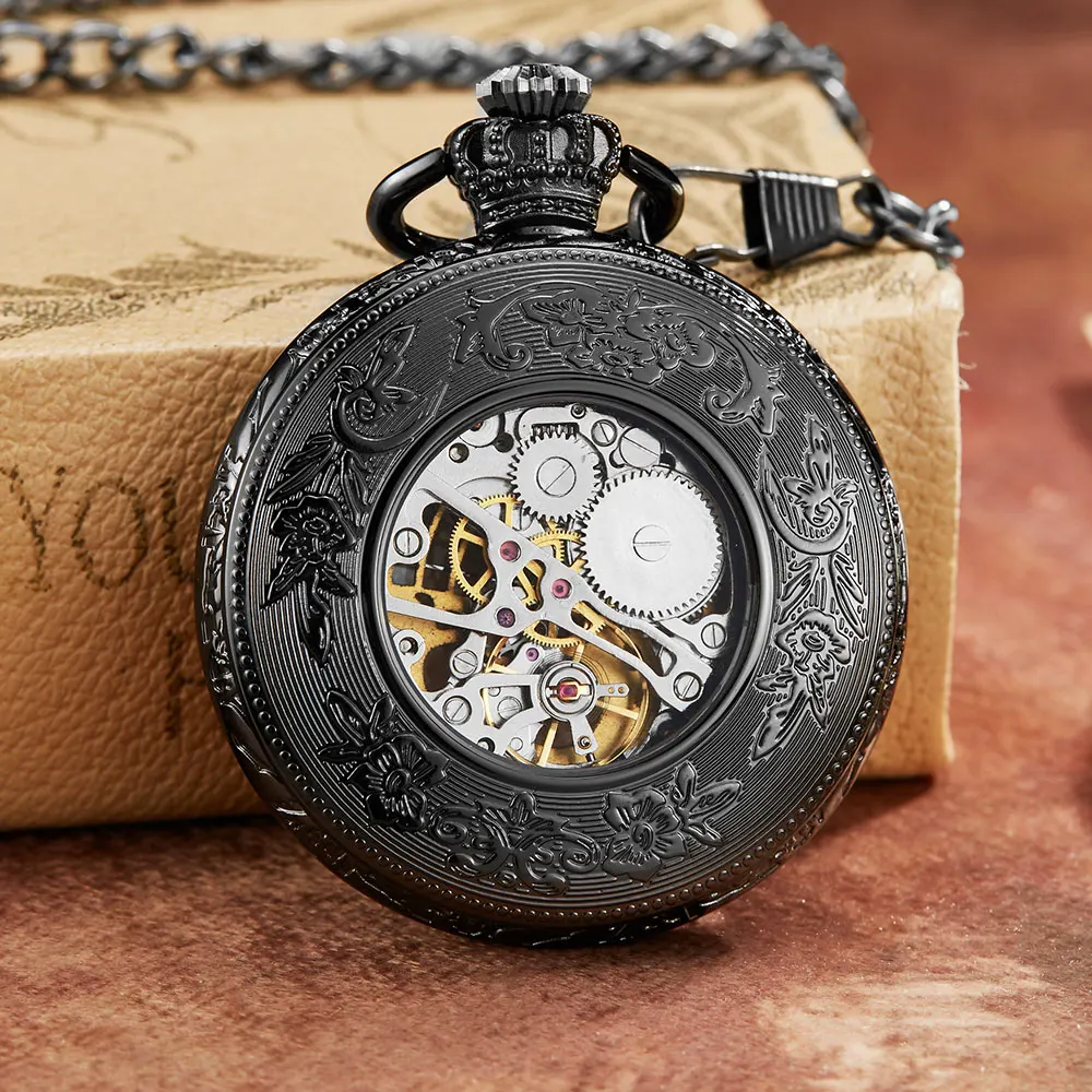 Vintage Crowns Design Carved Blue Number Dial Mechanical Pocket Watch Men Chain Hollow Steampunk Black Mechanical Watch Clock
