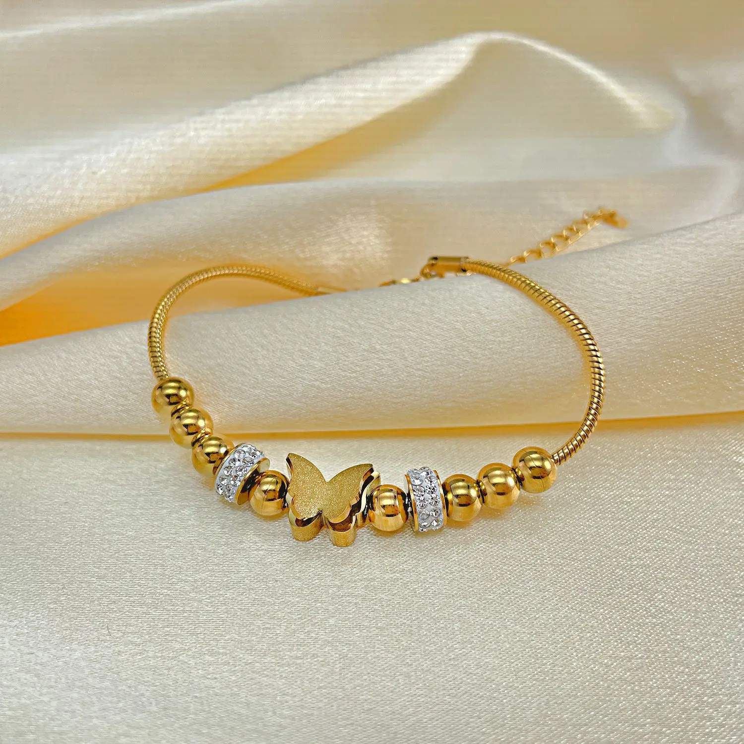 Gold Three-dimensional Frosted Butterfly Hand Ornaments Stainless Steel Snake Chain Small Steel Bead Bracelet Women