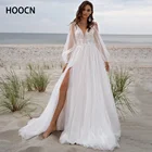 Женское свадебное платье с V-образным вырезом, длинным рукавом и разрезом