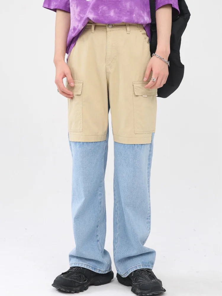 

SYUHGFA Men Clothing 2022 Spring Autumn Jean Patchwork Korean Streetwear Fashion Straight Jeans Casual Loose Denim Trousers
