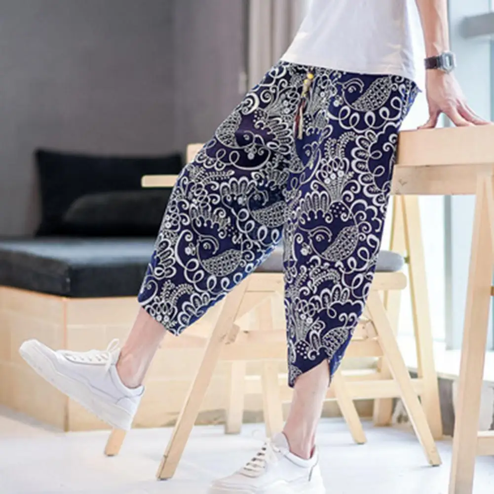 

Beautiful Men Cropped Pants Elastic Waist Retro Mid Waist Cropped Pants Deep Crotch Cropped Pants Men Clothing