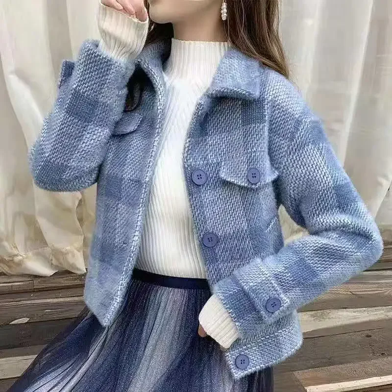 

2021 Women Knitting Faux Mink Fur Jacket Crop Jacket Autumn and Winter Streetwear Sweet Girl Pink Tweed Jacket Female Plaid Coat
