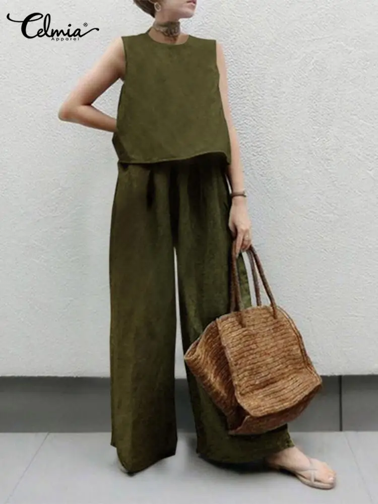 

Celmia Women 2022 Summer Sleeveless Cropped Tops and Elastic Waist Wide Leg Pant Suits Casual Baggy Cotton 2 PCS Sets Pant Sets