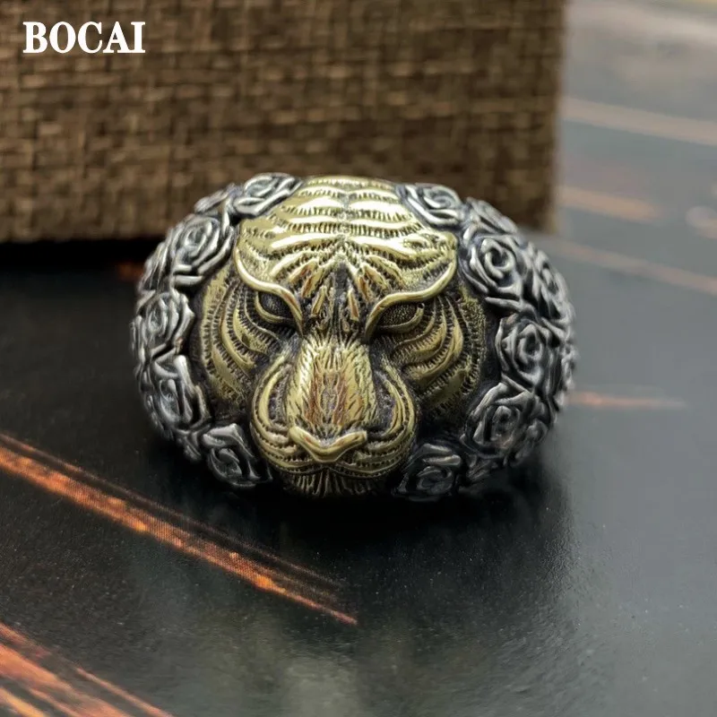 

BOCAI 2022 New Pure S925 Silver Jewelry Good Luck Tiger Head Domineering Retro Personality Men's Ring Valentine's Day Gift