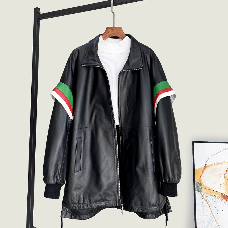 

Autumn Winter Genuine Leather Women's Fashion Color Contrast Versatile Mid Length Coat Loose Slim Stand Collar Jacket Chaqueta C