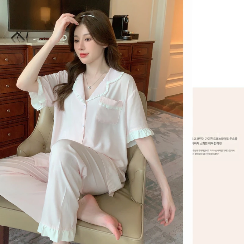 Pajamas female summer student princess style thin short-sleeved trousers home suit solid color loungewear with turn-over collar