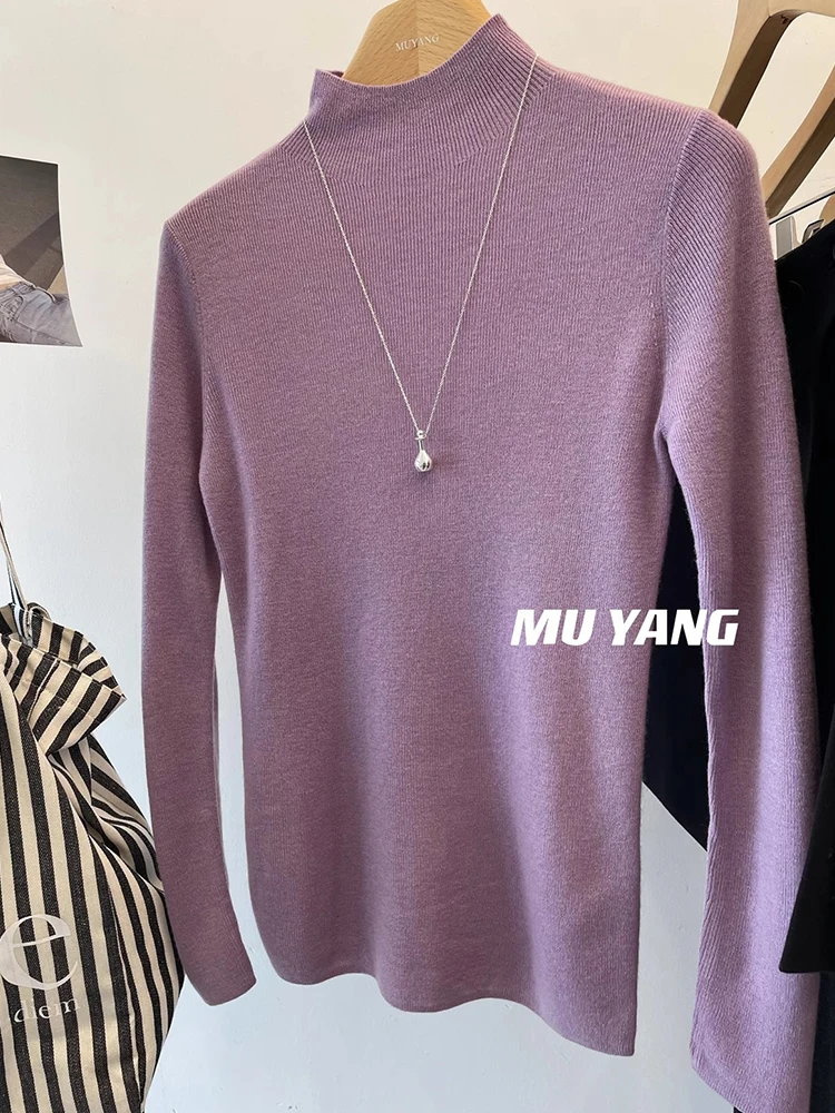 Gray Half-high Collar Fleece Long sleeve Knit Women Autumn and Winter High Sense Slim fit Inner wear Bottoming Shirt Short Top
