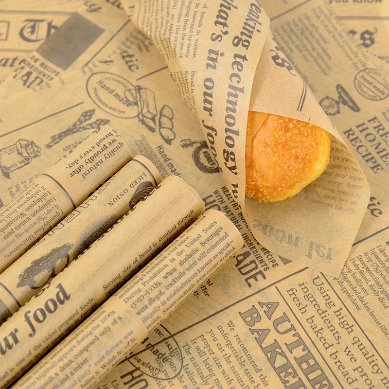 50Pcs Newspaper Style Bread Sandwich Burger Fries Fries Wrapping Paper DIY Plate Mats Household Kitchen Baking Tools 25x25cm