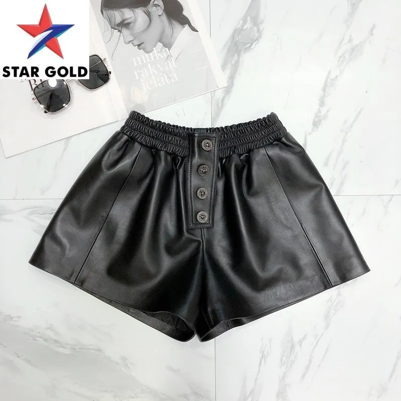 Quality 100% High Real Leather Women Fashion Elastic Waist A-Line Wide Leg Autumn Casual Black Sheepskin Shorts