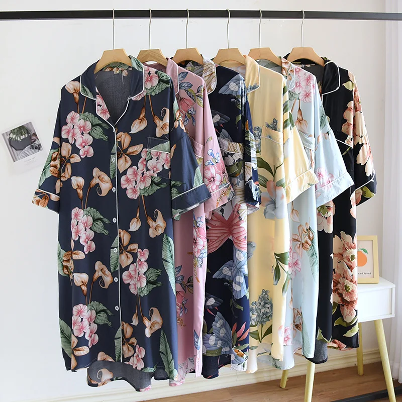 

Women's Rayon Short Sleeve Nightdress Thin Cotton Silk Shirt Dress Maternity Loose Skirt Pajamas Ladies Floral Print Sleepshirt