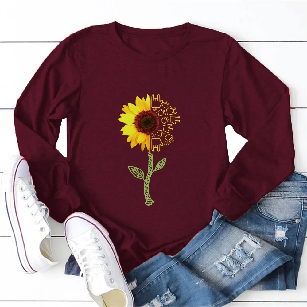 2020 женская свободная футболка с круглым вырезом и длинными рукавами принтом