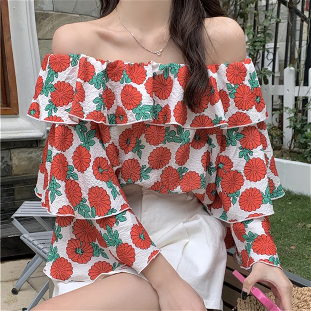 

HziriP Printed Strawberries Women Blouses Slash Neck New Casual 2022 Summer Fashion Loose All Match Ruffles Sexy Slim Tops OL