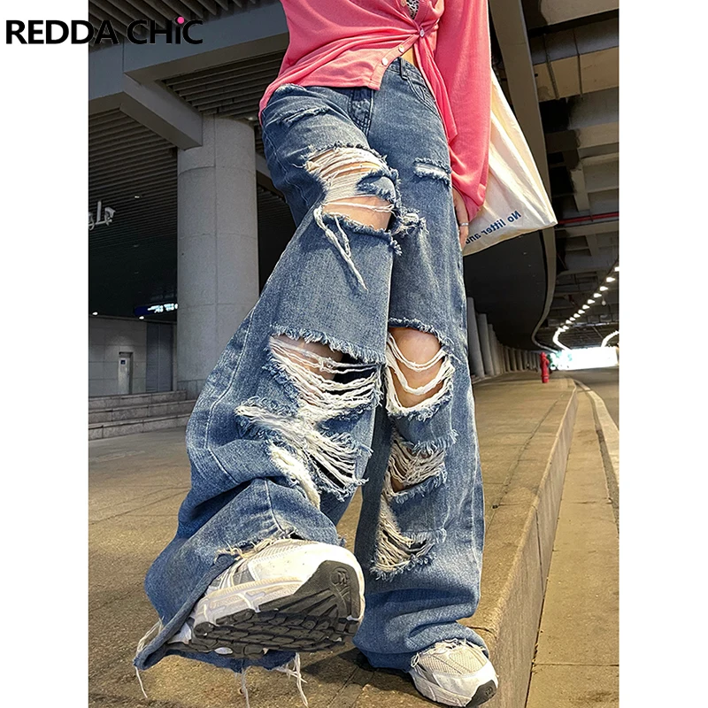 REDDACHiC Beggar Style Women Ripped Jeans Mom Baggy Plus Size Straight Wide Leg Pants Korean Streetwear Loose Y2k Ladies Trouser