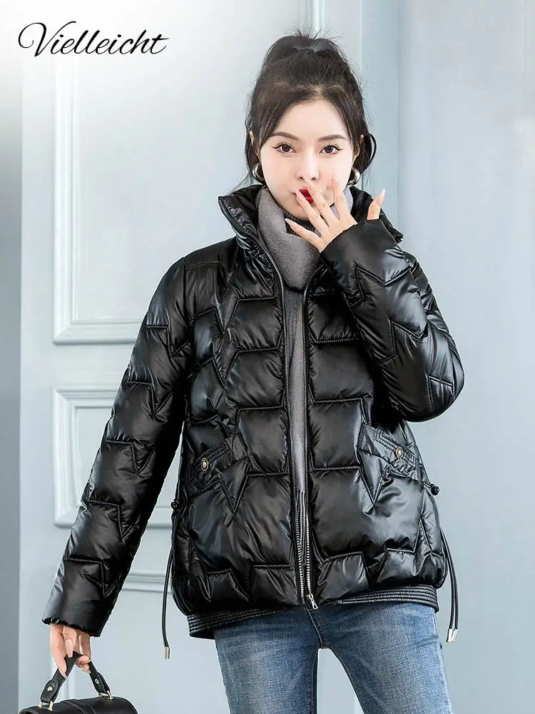 Vielleicht Stand Collar Winter Jacket For Women's Solid Bright Shiny Casual Cotton Padded Female Warm Coat Clothes Short Parkas
