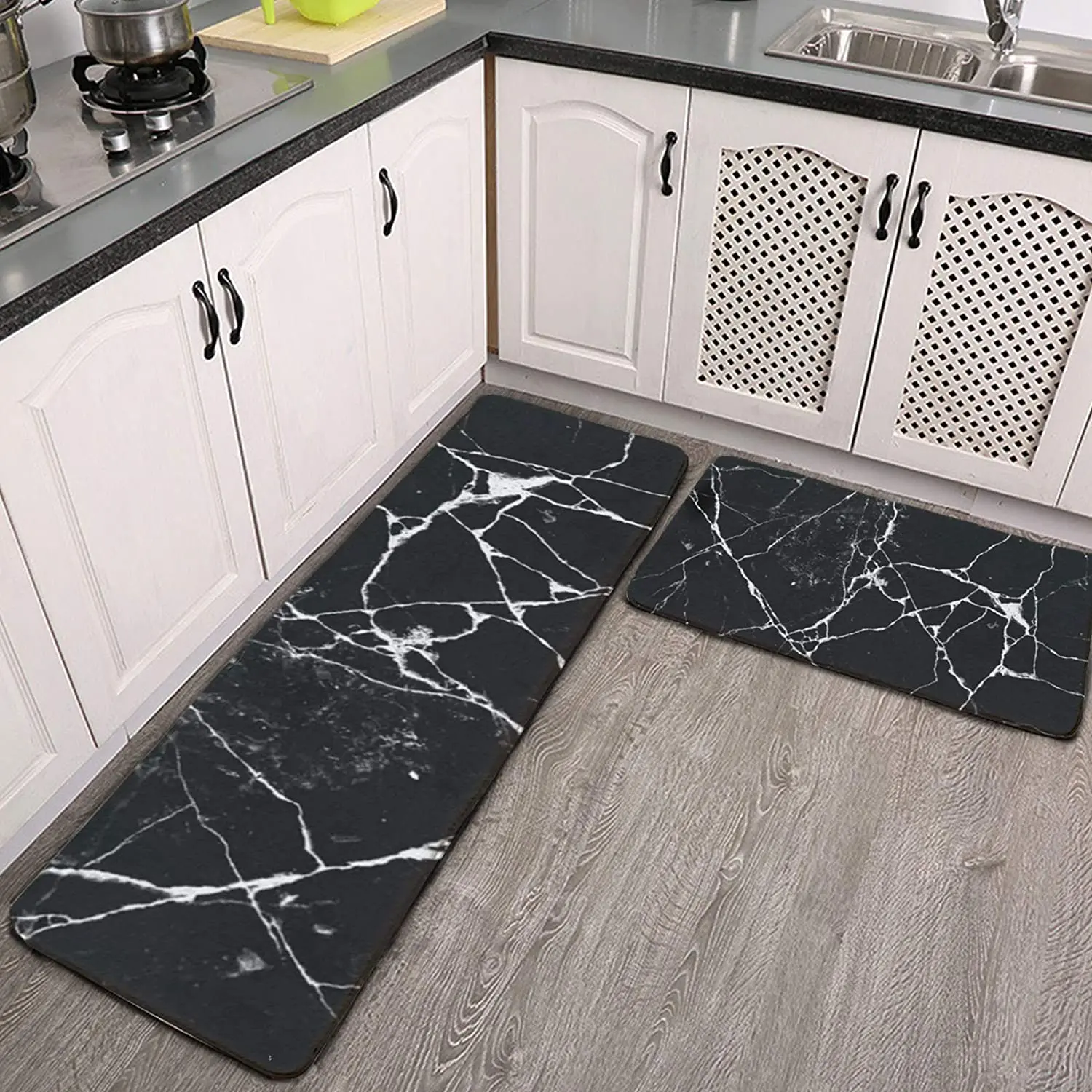 

Kitchen Mat Set of 2 Black and White Marble Anti Fatigue Soft Kitchen Rugs Non-Slip Comfort Floor Mats Runner Area Rug Carpet