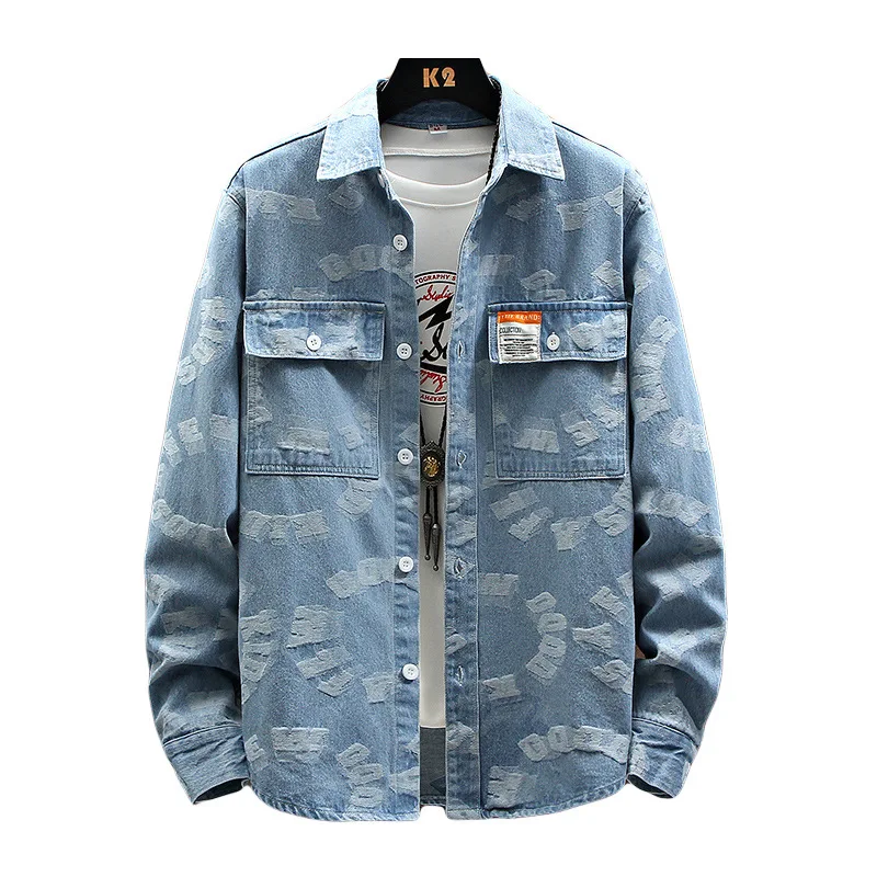 

New Men's Denim Shirt Cotton Jeans Shirt Fashion Autumn Slim Long Sleeve Cowboy Shirt male leisure printing Wash tooling Tops