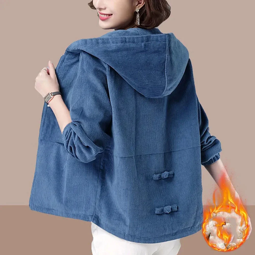 

Spring Women's Jacket New Long Sleeve Windbreaker Female Corduroy Hooded Jackets Loose Coat Pocket Zipper Outwear Plus Size 4XL