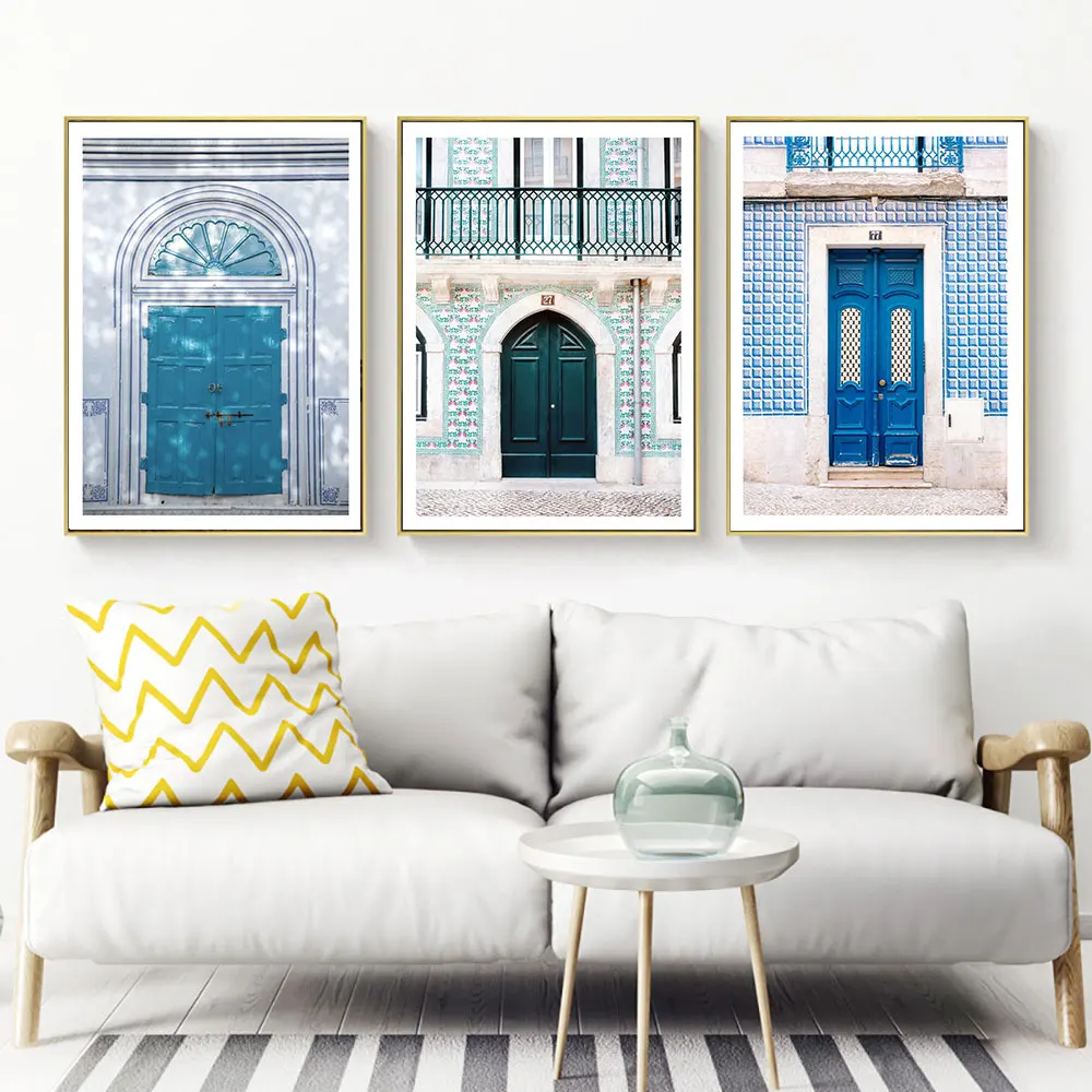 

One Piece Nordic Room Decor Wall Pictures Blue Door Retro Portugal Landscape Posters and Prints Lisbon Art Canvas Painting